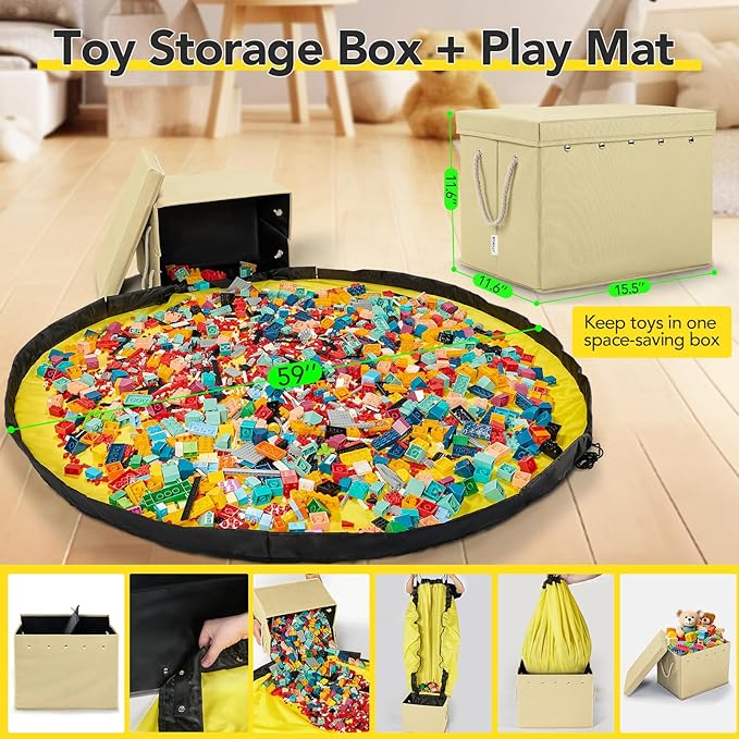 Kids Toy Box Chest Storage with Lid and Big Play Mat for Boys and Girls,Collapsible Fabric Toy Building Bricks Storage Container Organizer Bin with Rug for Playroom and Nursery Organization