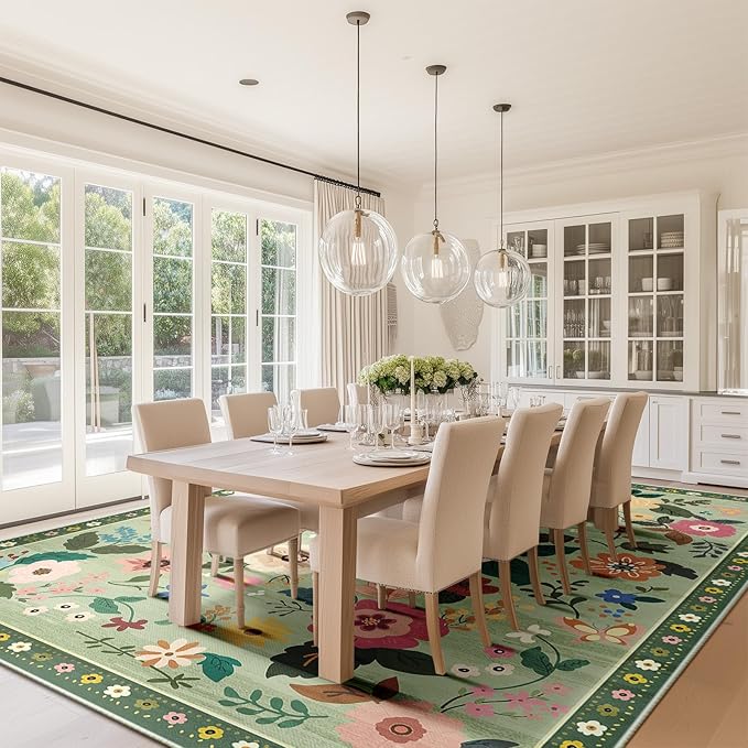 Floral 6x9 Area Rug Machine Washable Soft Print Boho Carpet Non Slip Doormat Low Pile Flower Area Rugs for Living Room Bedroom Nursery Kitchen Dining Room Indoor-Light Green