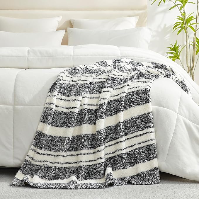 Snuggle Sac Queen Size Bed Blanket Stripe Black, Super Soft Warm Bedding Blankets Cozy Knit Fuzzy Plush Blankets for Bed, Living Room, Stripe Black, Queen 90"x90"