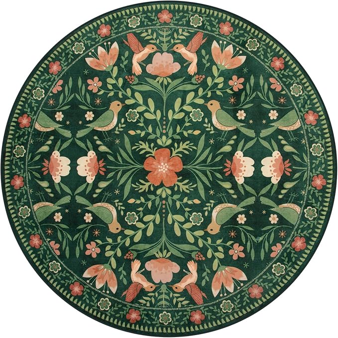 Moynesa Machine Washable Round Rug, 6ft Circle Area Rug for Living Room Non Slip, Ultra Thin, Soft, Indoor Boho Bird Dark Green 6'x6' Carpet for Bedroom Office Under Table Kid Playroom