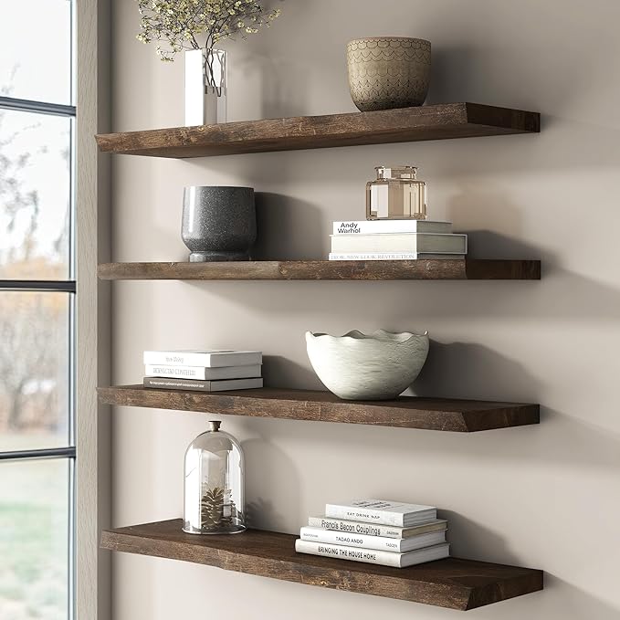 Rustic Elm Wood Floating Shelf for Wall, Live Edge 48"W x 9.2"D x 1.4"H, 1 Pack with Invisible Bracket, Large Wall Mounted Storage Shelf for Living Room Bedroom Kitchen Bathroom Decor, Walnut Finish