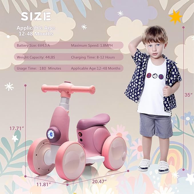 6V Electric Baby Balance Bike for 1 Year Old Boys Girls Ride on Toys 12-48 Months Toddler Balance Bike, 4 Wheels Kids First Bike with Remote Control First Birthday Gifts- Purple