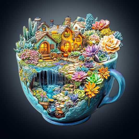 WOODBESTS Wooden Puzzles for Adults, Succulent Mug Wood Puzzles Adult(100 Pieces, S, 8.5 * 8.4in), Unique Shape Wooden Animal Jigsaw Puzzles, Birthday Gifts for Adults Family Game