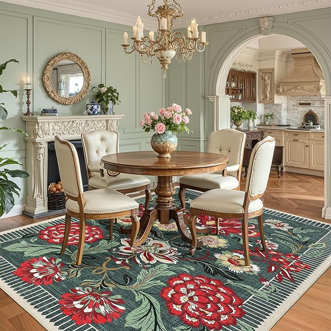 GarveeHome Floral Botanical Washable 8x10 Area Rug for Living Room Soft Grey Green Vintage Boho Cottage Large Rugs Low Pile Carpet for Bedroom Dining Nursery Rug