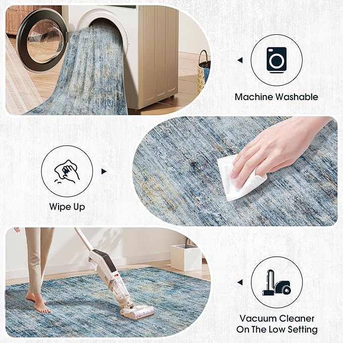 Washable Rug 6x9 Area Rugs, Abstract Large Living Room Rugs with Non-Slip Backing, Thin Carpet for Dorm Dining Room Table Nursery Indoor Home Office-Blue/Brown