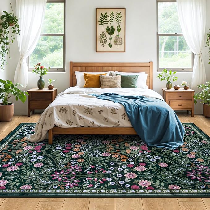 Area Rug Living Room Rugs: Floral 5x7 Washable Rug Vintage Soft Boho Non-Slip Carpet Indoor Floor Stain Resistant Large Carpets for Bedroom Dining Room Farmhouse Nursery Hallway Home Office Dark Green