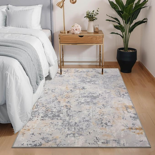 Area Rug 4x6 Washable Grey Rug for Bedroom, Abstract Modern Living Room Rugs Non Slip Low Pile, Carpet for Kitchen, Nursery, Kids Room, Office