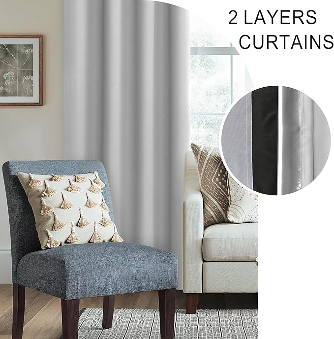 XWZO 100% Blackout Window Curtains - Thermal Insulated & Completely Room Darkening Black Liner Window Panels with Tiebacks for Bedroom/Living Room, Rod Pocket, Light Grey, W52 x L63, Set of 2