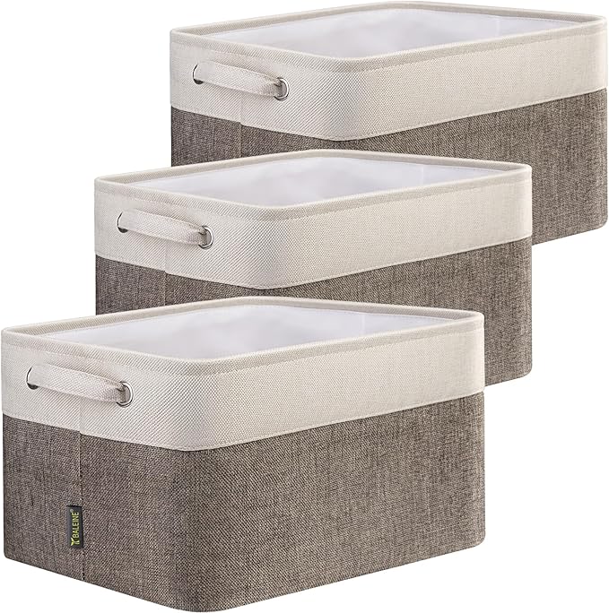BALEINE 3 Pack Fabric Storage Bins for Shelves, Linen Storage Baskets for Organizing, Decorative Closet Bins for Clothes, Home (Brown, 12"x8"x8")
