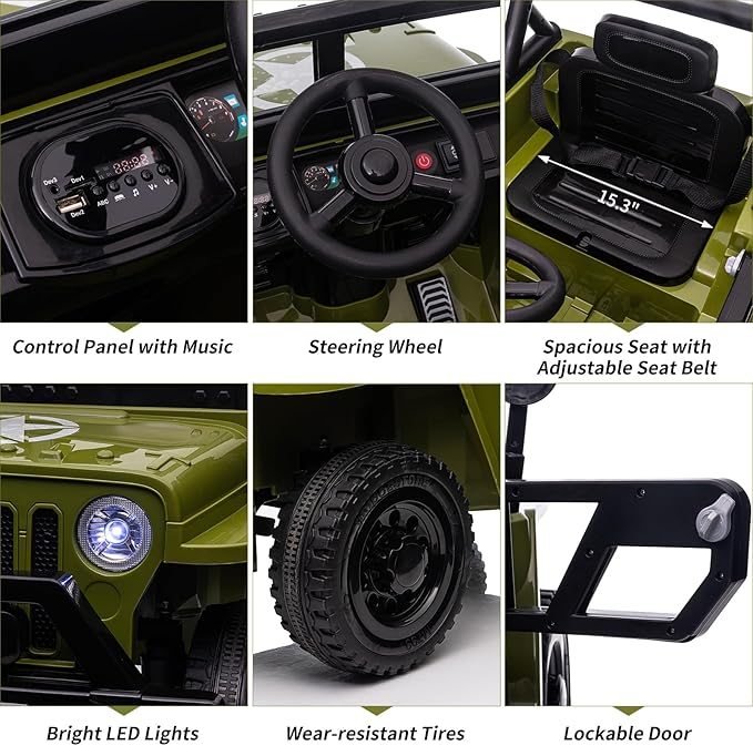 Ride on Truck Car, 12V Electric Ride on Car with Remote Control, MP3, LED Lights, Suspension System, Double Doors, Safety Belt, Ride-on Toy for Kids Aged 3-8 Years