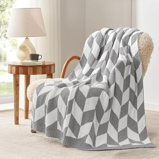 Snuggle Sac Chevron Throw Blanket for Couch, Reversible Super Soft Warm Blankets Cozy Knit Fuzzy Plush Lightweight Throws for Sofa, Bed, Camping,Grey,50x60 inches