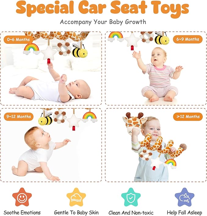Spiral Car Seat Baby Toys 0-6 Months, Infant Carseat Sensory Toys Hanging Stroller Accessories, Newborn Shower Gifts for Baby Boys Girls Essentials | Cute Colorful Giraffe