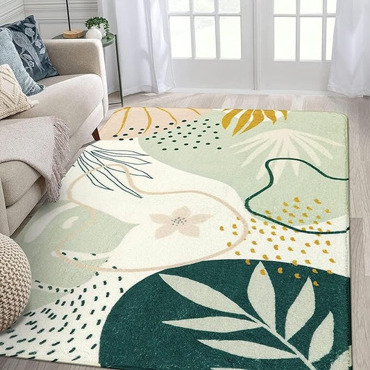Lahome Green Machine Washable Living Room Rugs - 4x6 Area for Bedroom Throw Non-Slip Lightweight Dining Rug, Boho Botanical Print Soft Indoor Carpet Office Laundry Kitchen Entryway 4' x 6'