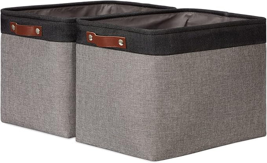 DULLEMELO Storage Bins 16"x12"x12" With Leather Handles for Organizing,Decorative Collapsible Storage Baskets for Shelves Closet Home Office (Black&Grey)