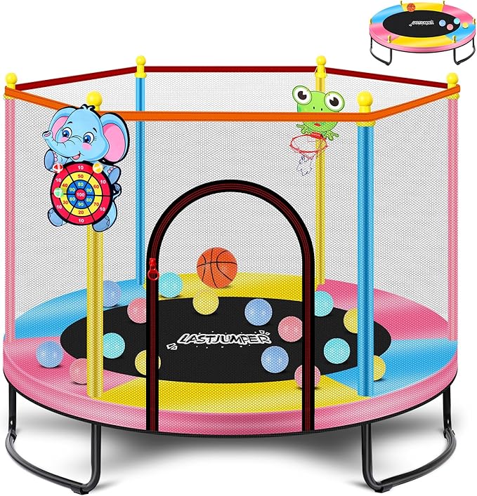Pink Indoor Trampoline for Kids 2-5, 5ft Mini Indoor & Outdoor Small Toddler Trampoline with Net and Basketball Hoop