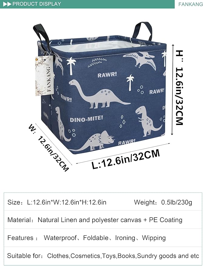 FANKANG Square Nursery Hamper Storage Bins Canvas Laundry Basket Foldable with Waterproof PE Coating Storage Baskets Gift Baskets for Children, Office, Bedroom, Clothes（Square-Blue dinosaur ）