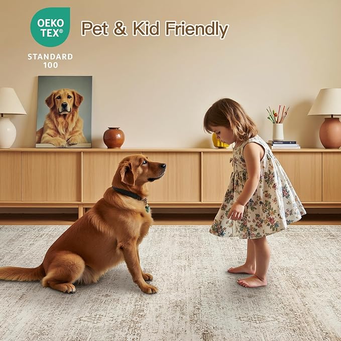 Lofus 9x12 Area Rug for Living Room,Beige Washable Large Rugs with Non-Slip Backing,Soft Neutral Carpets for Bedroom Dining Room Home Office Indoor Nursery