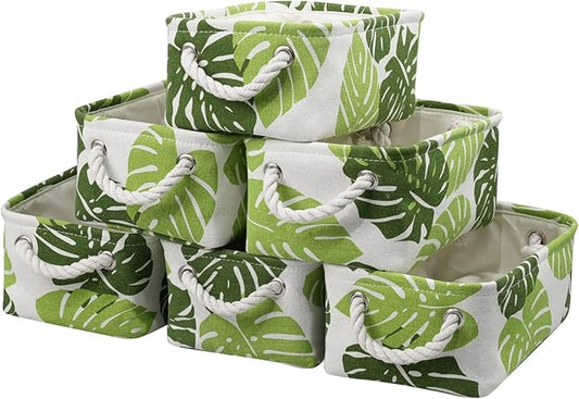 Organization and Storage Basket for Shelves - Small 6 Pack Fabric Storage Bin Collapsible Baskets for Organizing with Handle for Cloth Decorative Laundry Canvas (Banana Leaf 12x8x5.2 inch)