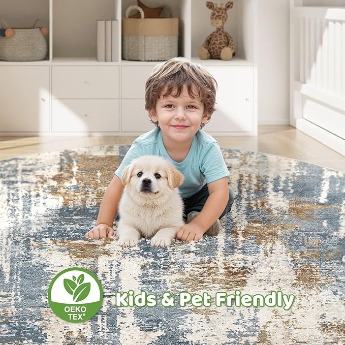 Round Rug Living Room Rugs: 10Ft Washable Circle Large Abstract Modern Soft Stain Resistant Non Slip Indoor Floor Carpet for Bedroom Nursery Office Dining Room Dorm Home House Decor- Tan Blue