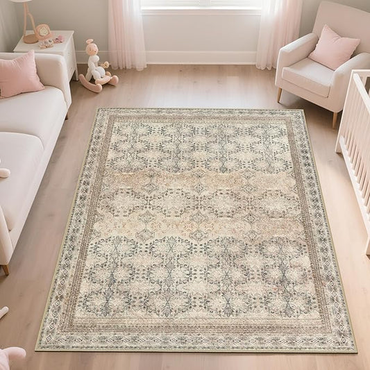 5x7 Washable Area Rug for Living Room Rustic, Non Slip Vintage Floral Bedroom Rugs Retro, Traditional Indoor Floor Carpet for Dining Room, Kitchen, Farmhouse, Office Beige/Pink/Orange