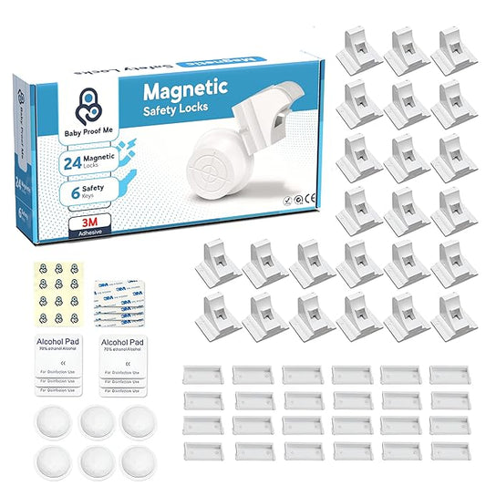 Magnetic Safety Lock Kit 24 Locks + 6 Keys, 3M Adhesive Easy Installation, Baby Proofing Magnetic Locks for Cabinets and Drawers