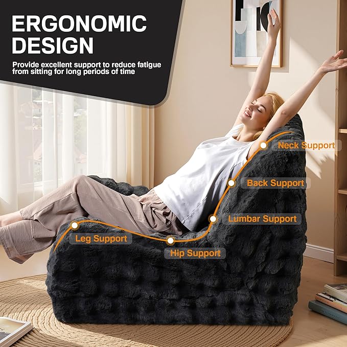 Modern Bean Bag Chair, Large Bean Bag Couch for Adults with Memory Foam Filled, Soft Faux Bunny Fur Lazy Chair for Living Room Bedroom Dorm Apartment, No Assembly Required, Dark Grey