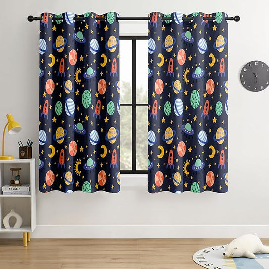 Kids Space Rockets Blackout Curtains - 100% Blackout, Thermal Insulated, Noise Reducing, Perfect for Kids Room and Nursery, 2 Panels (Color Pop Rockets, W52×L63)