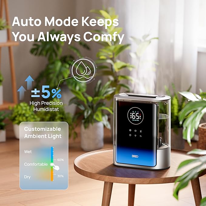 Dreo 8L Smart Humidifier Large Room 600ft², 80H Runtime Supersized Warm and Cool Mist Humidifiers for Bedroom Baby, 28dB Quiet Air Humidifier for Plants Indoor, Home, Whole House, Silver, HM717S