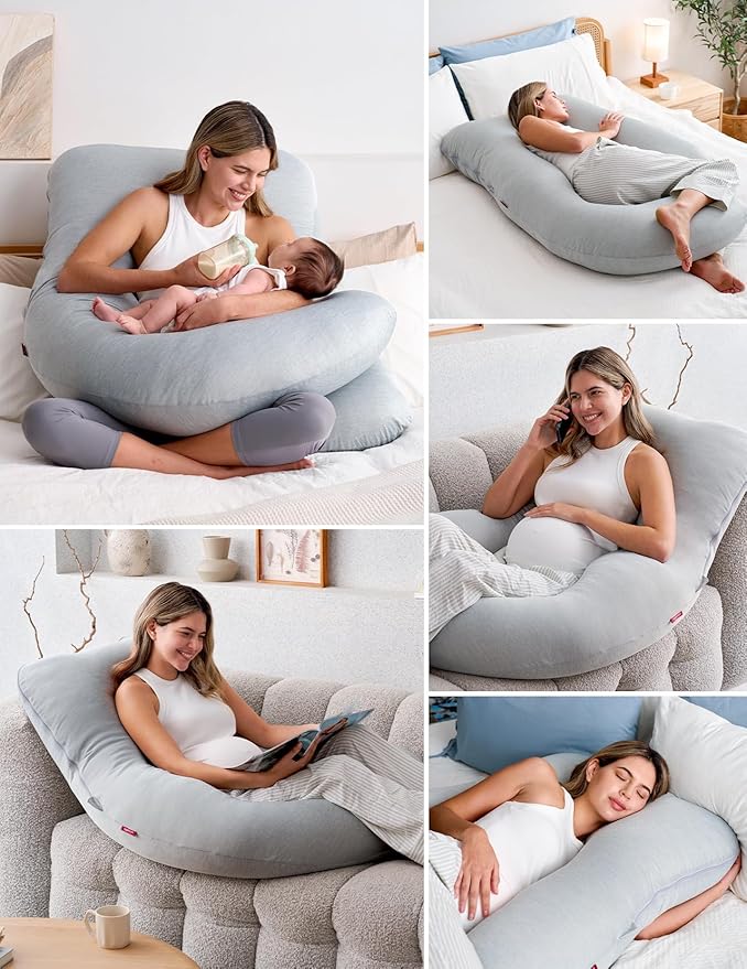 Momcozy Pregnancy Pillows with Cooling Cover, U-Shaped Full Body Maternity Pillow for Side Sleepers 57 Inch - Support for Back, Hip, Belly, Legs for Pregnant Women