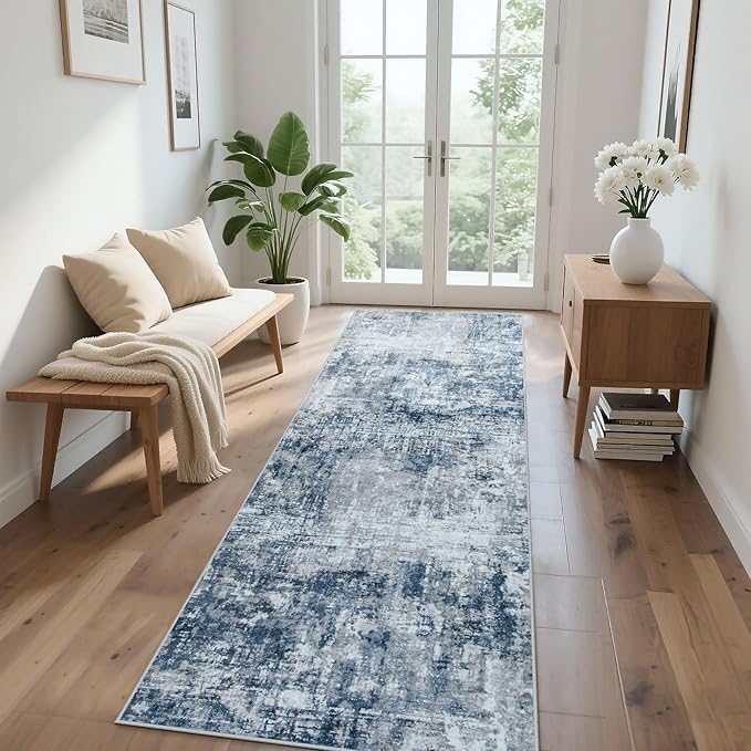 Runner Rug for Hallways Kitchen 2'6"x8' Washable, Non Slip Carpet 8ft Area Rugs Entryway Rubber Backed 8 Feet Neutral Abstract Modern Low Pile Indoor Blue Grey
