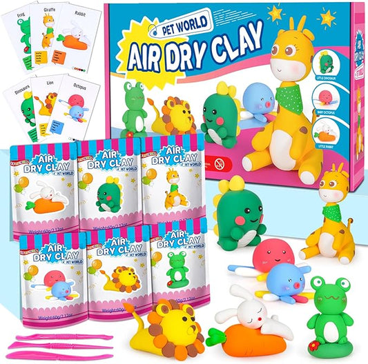 ifergoo Air Dry Clay for Kids - Animal Modeling Clay Kit, 6 Animal Designs with Sculpting Tools & Tutorials, Ultra Light & Soft, Arts & Crafts DIY Creative Toys, Gifts for Age 3-12 Girls & Boys