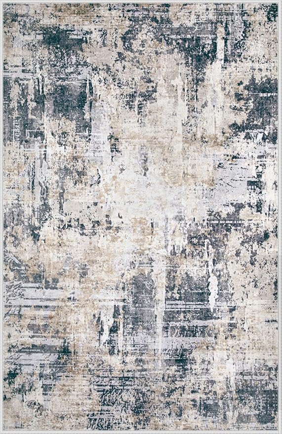 Area Rugs 5x7 Living Room: Washable Rug Modern Abstract Rugs Soft Non Slip Neutral Rug Stain Resistant Indoor Carpet for Bedroom Kitchen Dining Room Nursery Home Office Rugs(Black Brown,5'x7')