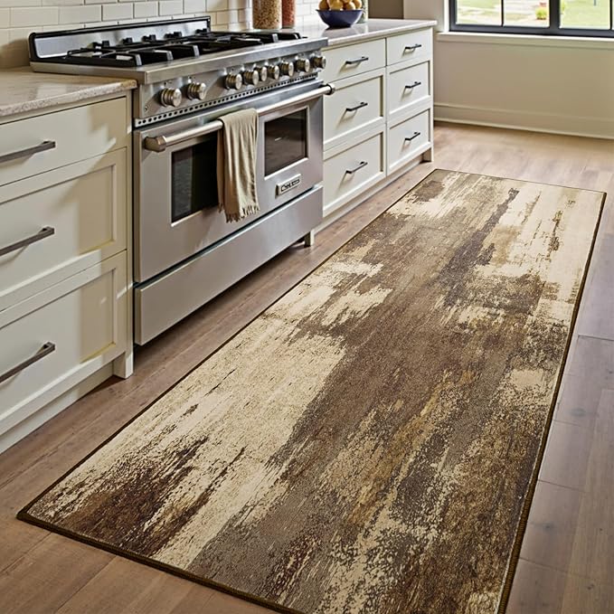 Washable Runner Rug, 2'6''x8' Kitchen Rugs Brown Long Runner Rugs with Rubber Backing, Abstract Non-Slip Carpet Runners for Hallways, Kitchen, Bedroom, Laundry, Entrance