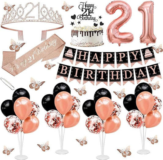 21st Birthday Decorations for Girls Women - 56pcs Rose Gold Happy 21st Banner, 21st Birthday Crown Sash, Cake Topper, Number 21 balloons, 3D Butterflies, 4 Balloon Stands kits