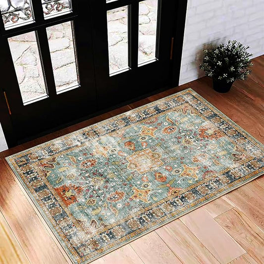 Washable Area Rug 2'x3' Door Mat Vintage Distressed Taupe Doormat Indoor Entrance Traditional Floral Print Non Slip Carpet for Kitchen Bathroom Bedroom Living Room