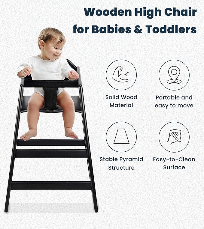Alpine Wooden High Chairs for Babies and Toddlers with Safety Strap, Commercial Grade Restaurant High Chair, Durable Wood Space Saver Baby Feeding Chair, Ideal for Dining Spaces (2 Pack, Black)