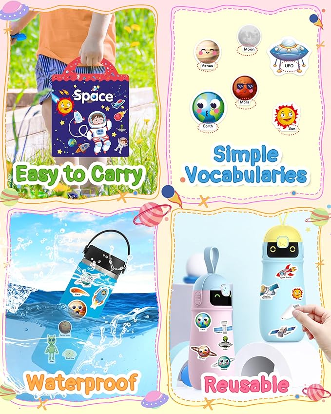 Benresive Reusable Sticker Book for Toddlers 2-4 Years, Fun Travel Stickers for Kids, Waterproof Sticker Books for Toddlers 1-3, Crafts Activities for Todddlers 1-3 2-4 3-5 - Space