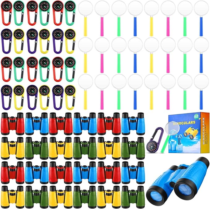 Wettarn 24 Pack Kid Mini Compact Binocular Compass Magnifying Glass Set for 3-12 Years Boy Girl Toddler Small Telescope Binocular for Kid Bird Watching Camping Hiking Exploring Outdoor Play