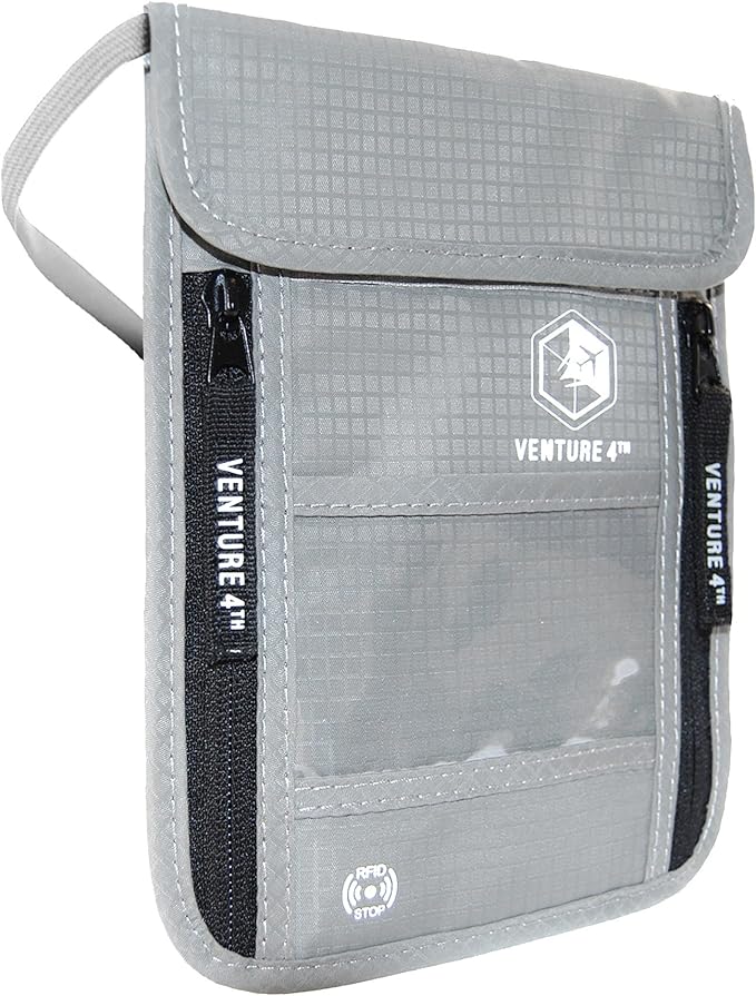 VENTURE 4TH Passport Holder Neck Wallet with RFID Blocking Nylon Lining - Hidden Neck Pouch for Travel (Silver)