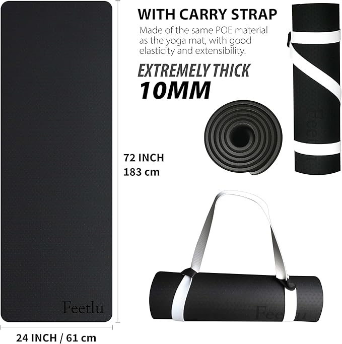 Extra Thick Exercise Yoga Mat with Strap - 2/5 Inch (10MM), Non-Slip Workout Mat for Yoga, Pilates, and Floor Exercises