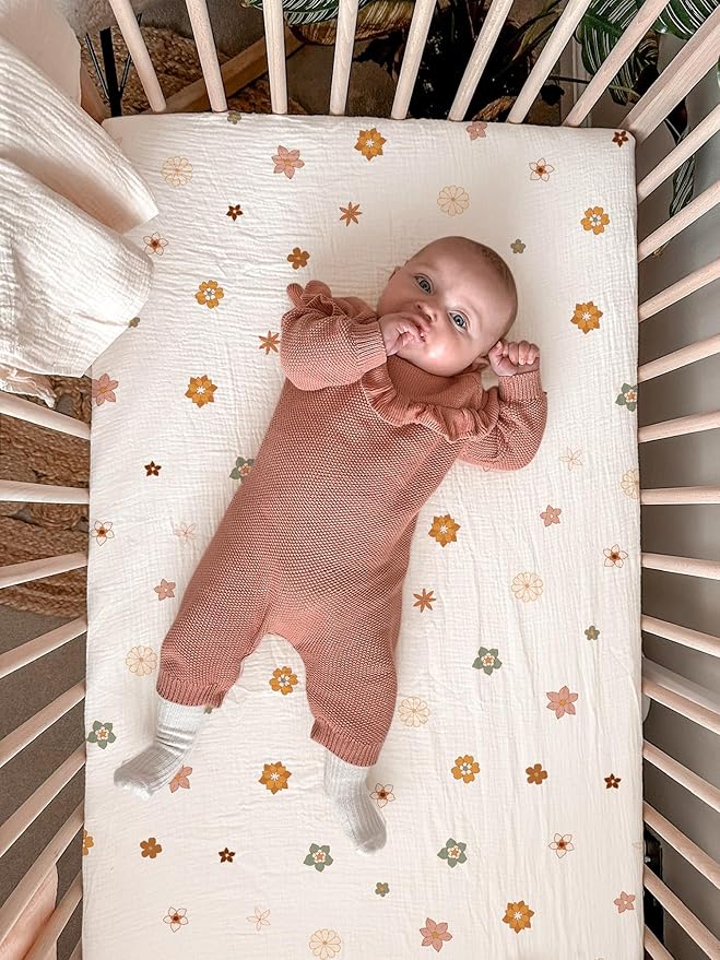 Bassinet Sheet for Baby Boy and Girl 2 Pack, Fitted Sheets for Rectangle, Oval, Hourglass Bassinet Mattress, Muslin Moses Basket Sheets with Neutral Style (Sage & Flower-B)