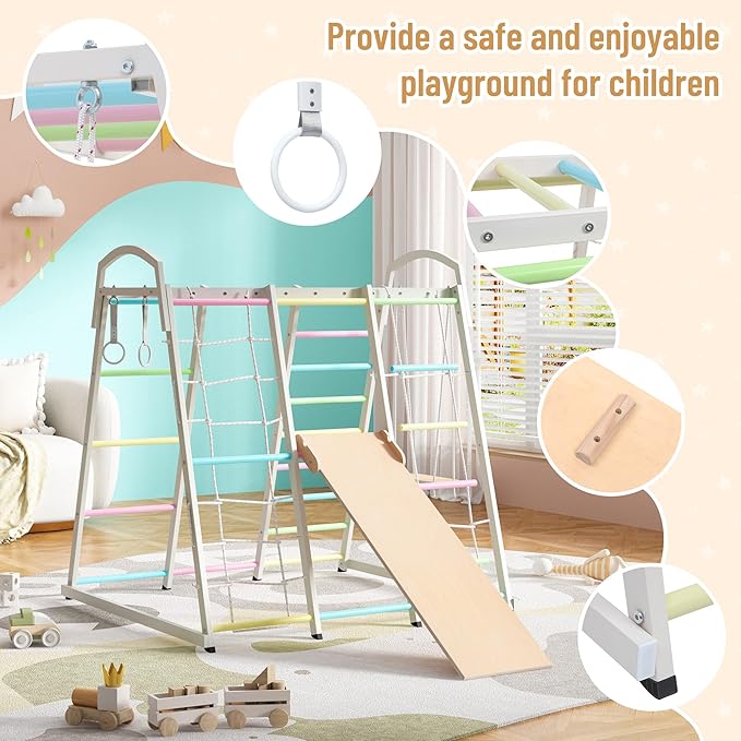 JAXPETY 9-in-1 Indoor Playground, Indoor Jungle Gym for Kids, Toddler Montessori Climbing Gym, Inside Play Gym with Slide, Swing, Monkey Bar, Ladder, Rings