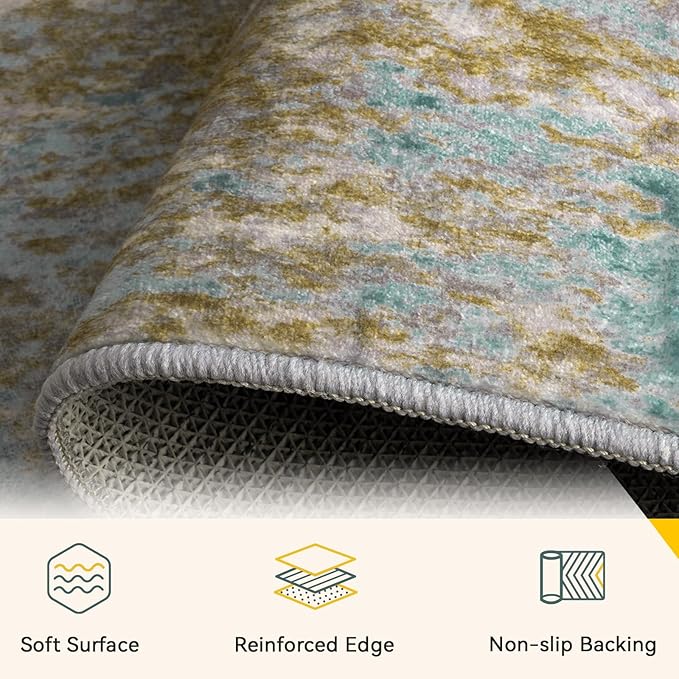 Washable Area Rugs 6'x9' Non-Slip Modern Abstract Soft for Living Room Entryway Bedroom Nursery, Print Pattern, Teal Blue Taupe