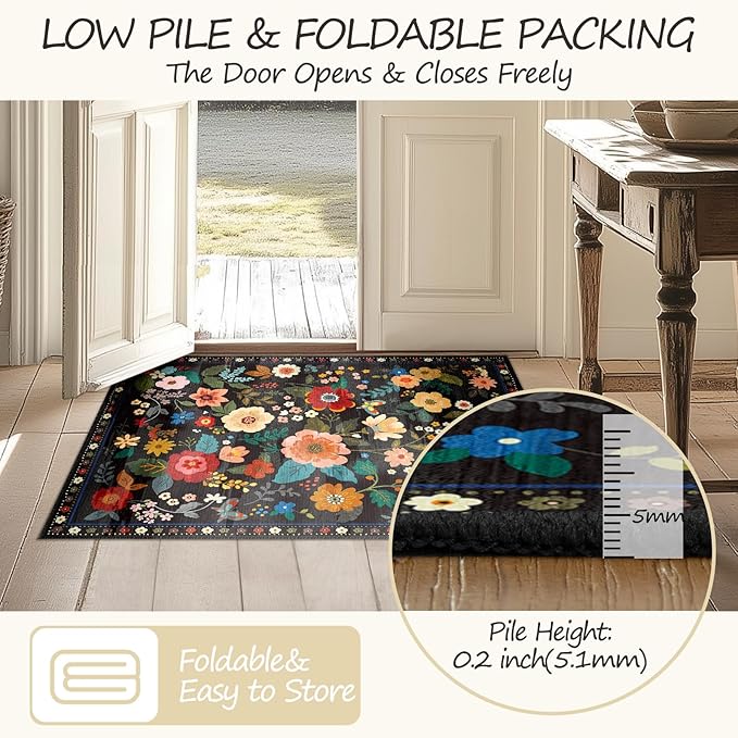 Floral 6x9 Area Rug Machine Washable Soft Print Boho Carpet Non Slip Doormat Low Pile Flower Area Rugs for Living Room Bedroom Nursery Kitchen Dining Room Indoor-Black