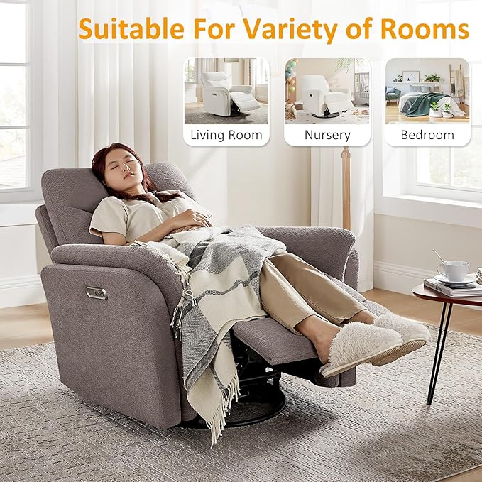 Power Recliner Chair Swivel Glider, Electric Rocking Recliner Chairs with USB and Type-C Ports, Nursery Chair Recliner for Living Room, Bedroom, Apartment（Light Brown）