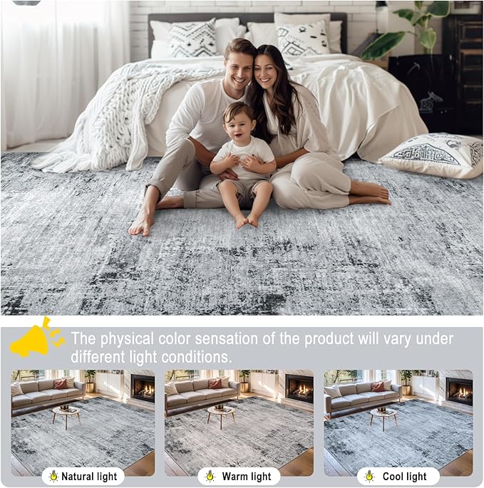 Area Rugs 10x14 Living Room - Washable Rug Modern Abstract Soft Large Neutral Non-Slip Carpet Indoor Floor Thin Carpets for Bedroom Dining Room Farmhouse Nursery Home Office Black