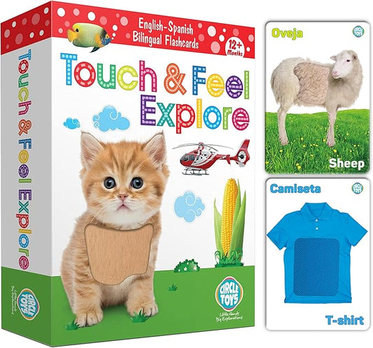 My Touch and Feel English Spanish Bilingual Picture Double Sided Sensory Flash Cards for Infant, Toddlers, Kids, Learn Animals, Fruits, Objects and Vehicles, Fun Learning and Educational Flashcards