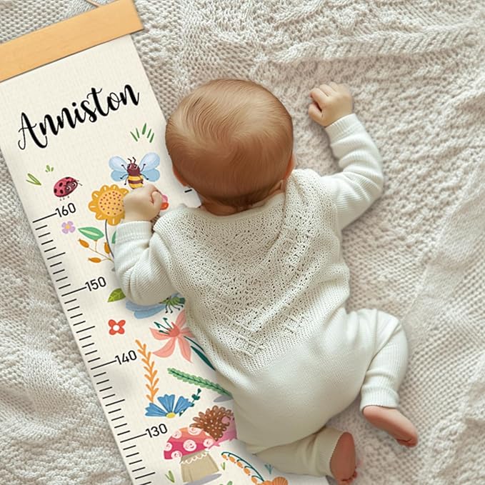 Personalized Name Growth Chart for Wall, Flower Birds Canvas Height Chart for Kids Baby Child Toddler Boys Girls, Canvas&Wood Growth Chart for Wall Room Nursery Decor,Easy Care
