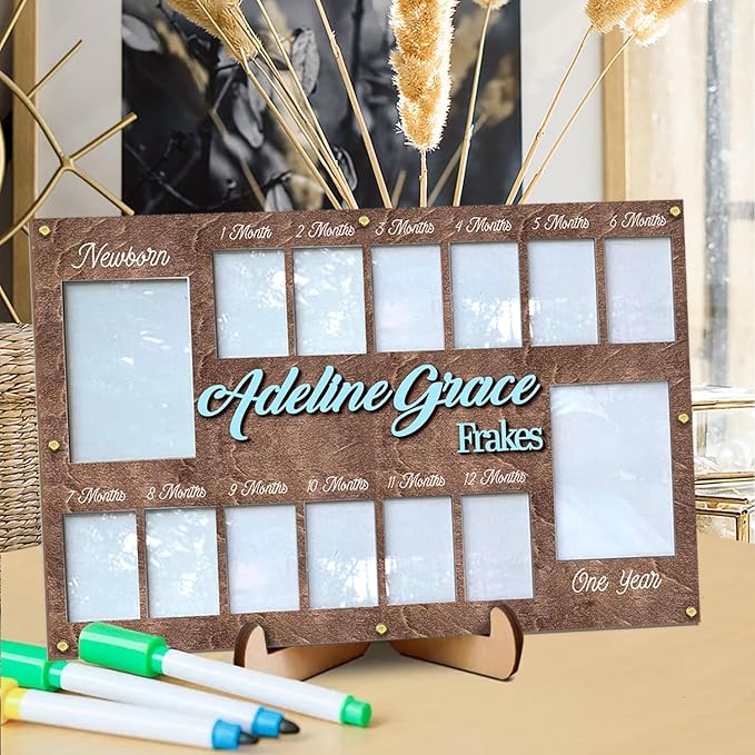 Personalized My First Year Photo Frame | 12 Months Picture Frame For Baby First Year | Displays Two 4x6 Photo and Twelve 2x3 Pictures | Birthday Party Decor Newborn Memory Keepsake, Style MP3