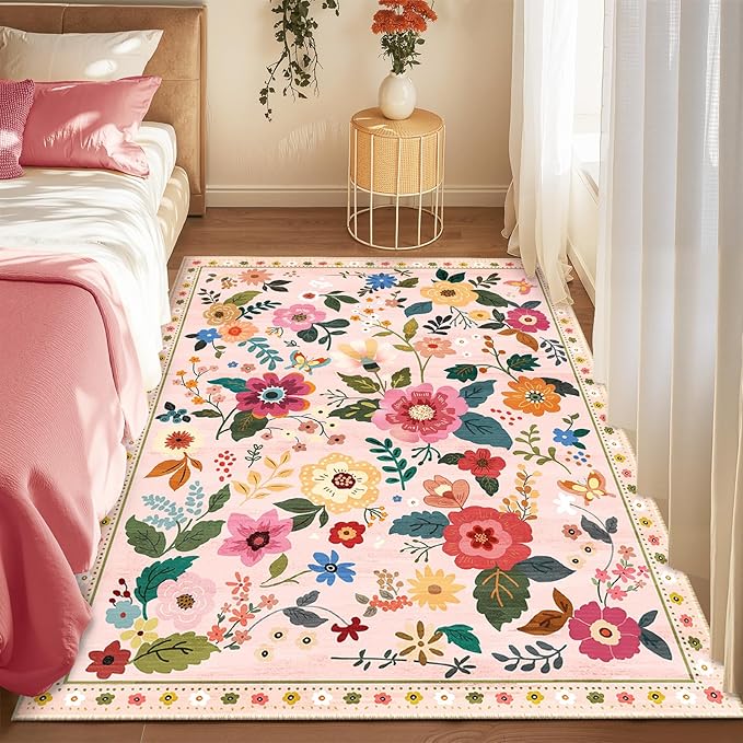 Floral 5x7 Area Rug Machine Washable Soft Print Boho Carpet Non Slip Doormat Low Pile Flower Area Rugs for Living Room Bedroom Nursery Kitchen Dining Room Indoor-Pink